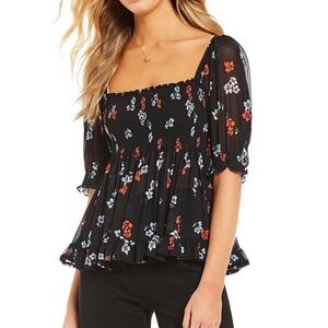 Free People Delta Dawn Smocked Floral Top Midnight Combo Black Red White Small
